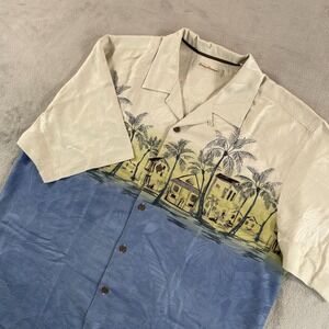 Vintage Tommy Bahama Camp Shirt Men XL Multi Scenic Print Jacquard Loop Collar